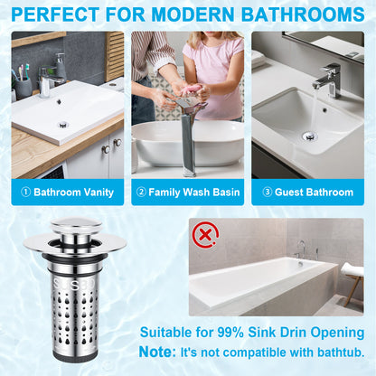 A bathroom drain filter product shown on a light blue graphic background with text reading 'PERFECT FOR MODERN BATHROOMS' and three bathroom usage photos above it. The main product is a cylindrical stainless steel sink drain strainer with a flange.