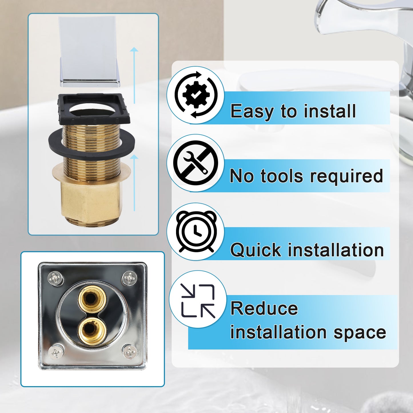 Bathroom faucet installation components with text indicating ease of installation.