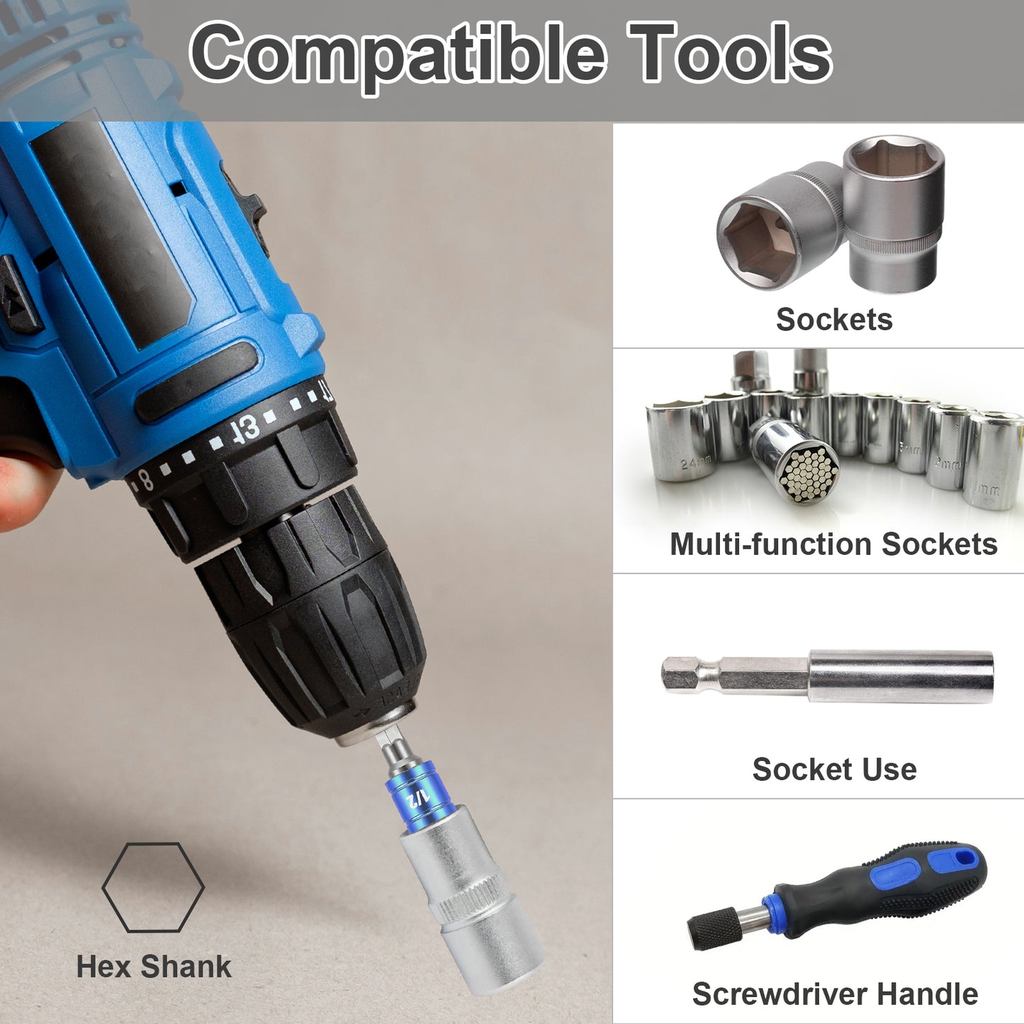 Blue drill with compatible tools including sockets, multi-function sockets, hex shank, and screwdriver handle on a beige background.