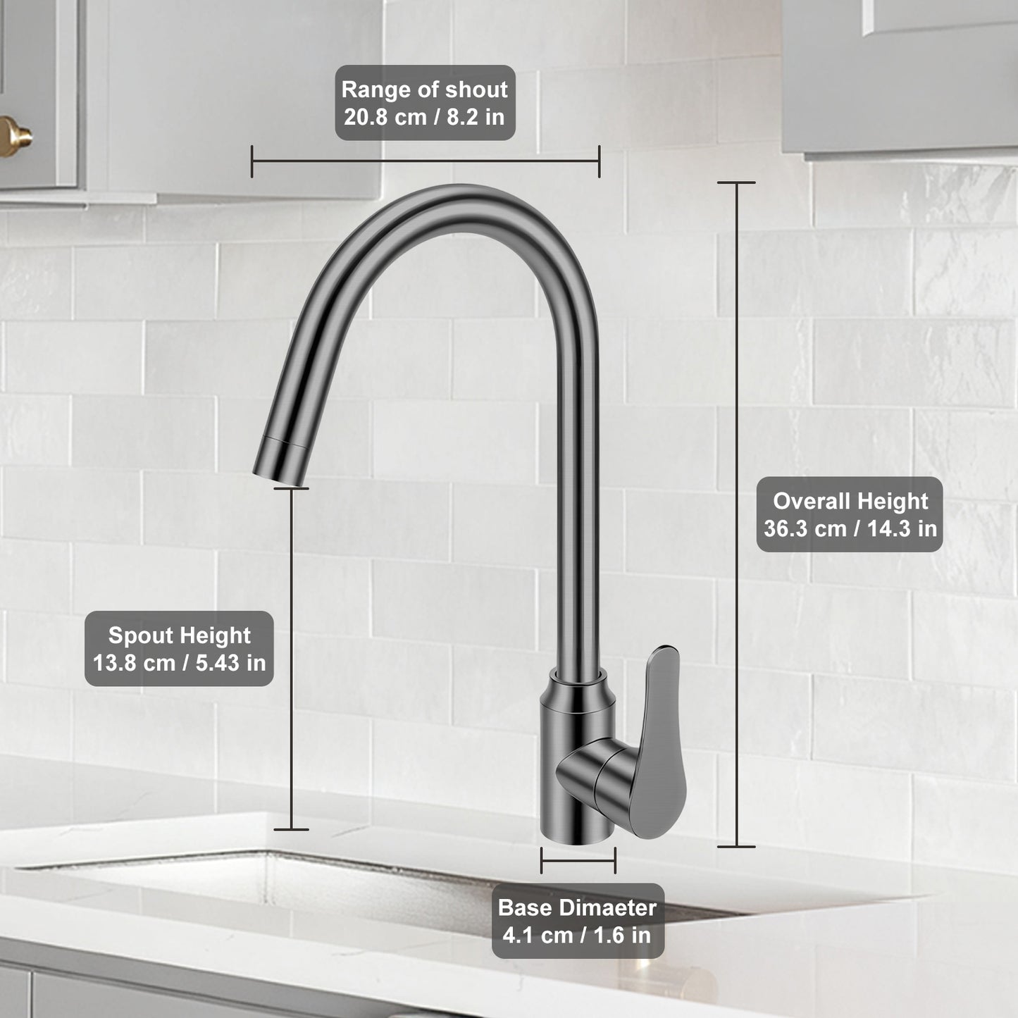 Kitchen faucet with dimensions labeled on a tiled wall background