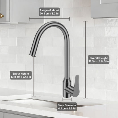Kitchen faucet with dimensions labeled on a tiled wall background