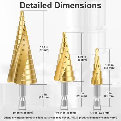 Three gold step drill bits with measurements on a white background