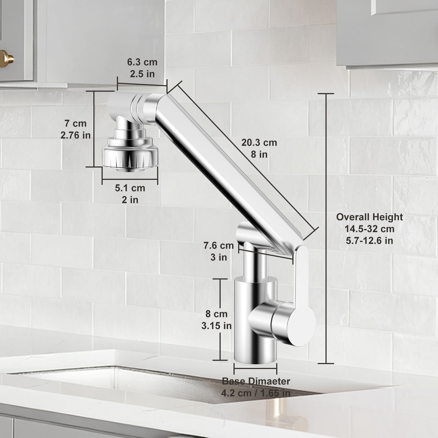 Kitchen faucet with dimensions labeled on a tiled wall background