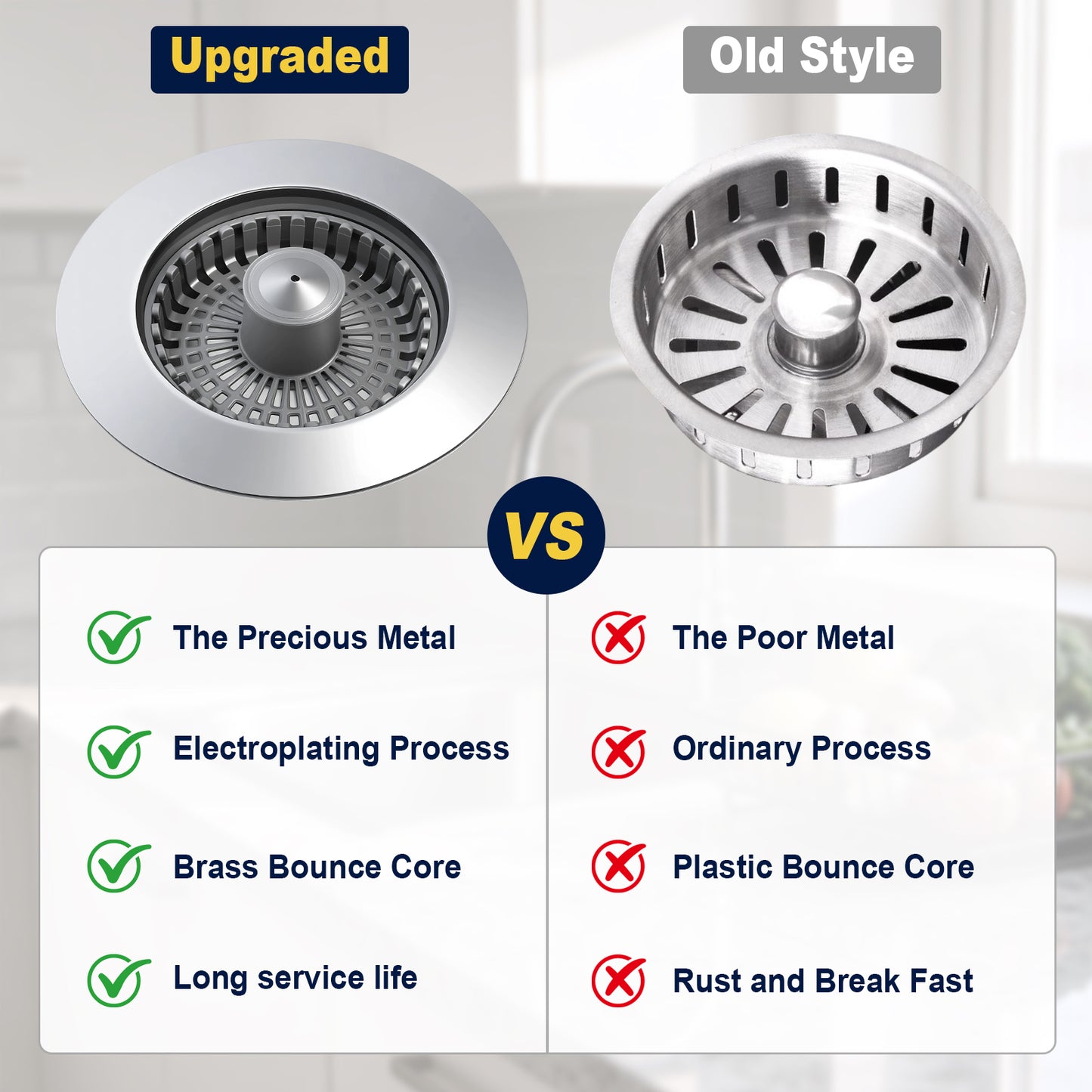 A comparison graphic showing an upgraded metal sink drain filter on the left and an old-style slotted drain basket on the right, with text comparing metal quality and listing features such as brass bounce core and long service life.