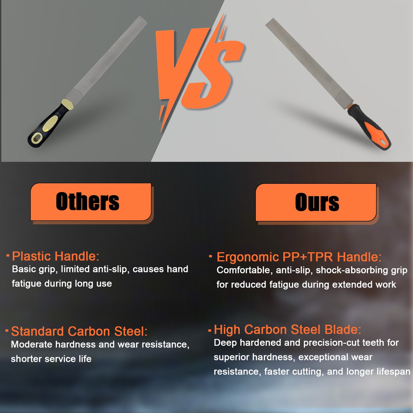 Comparison chart showing a knife with an ergonomic handle and high carbon steel blade labeled 'Ours' versus 'Others'.