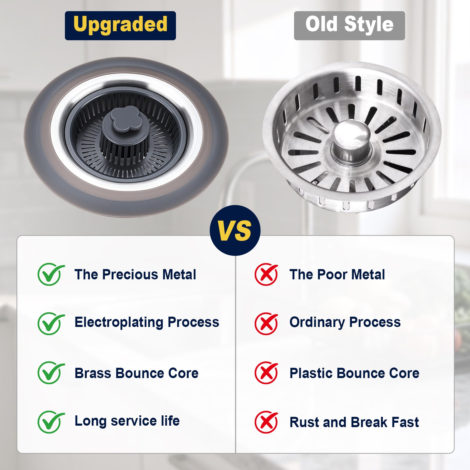A product comparison graphic showing an upgraded metal sink strainer drain on the left and an old style slotted metal drain on the right, with text comparing metal quality and service life below.