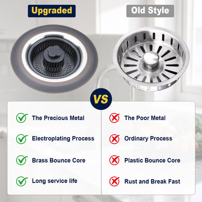 A product comparison graphic showing an upgraded metal sink strainer drain on the left and an old style slotted metal drain on the right, with text comparing metal quality and service life below.
