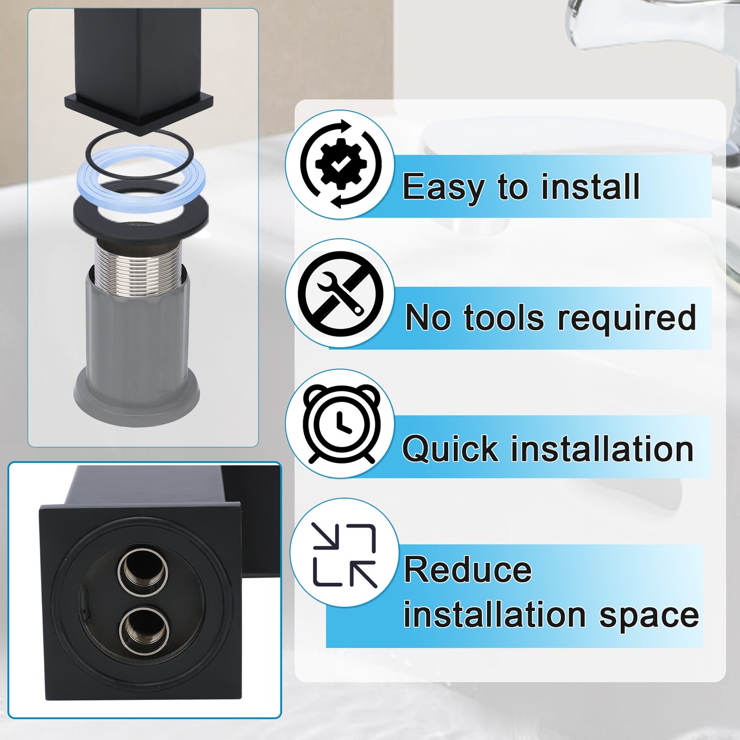 Bathroom faucet installation kit with features listed on a white background