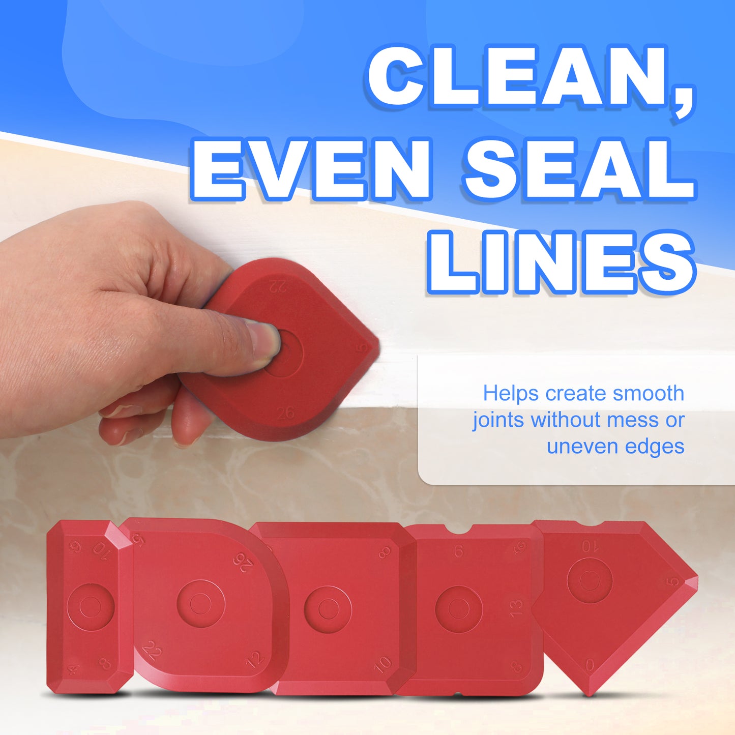 Red sealing tool with text 'Clean, Even Seal Lines' on a blue and beige background