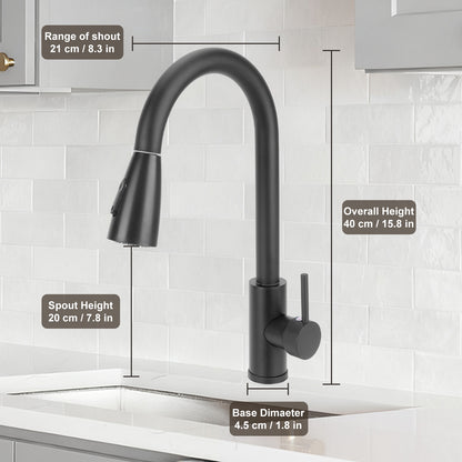 Black kitchen faucet with measurements on a tiled wall background