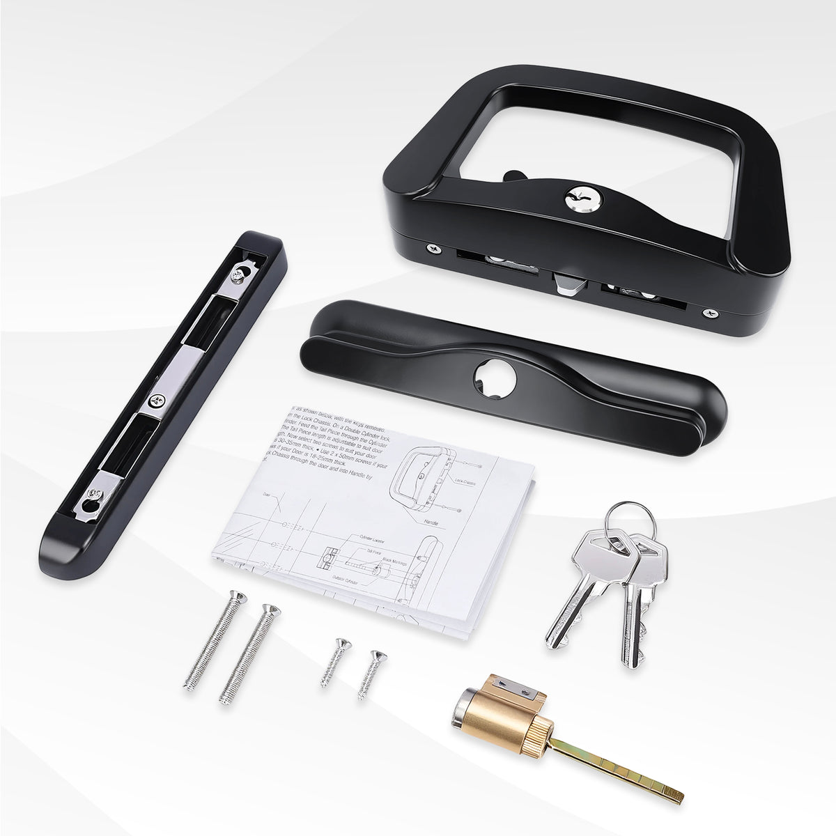 A lockset hardware kit laid out on a light gray background, including a black handle, lock lever, latch assembly, screws, keys, a brass lock cylinder, and a small instruction sheet.
