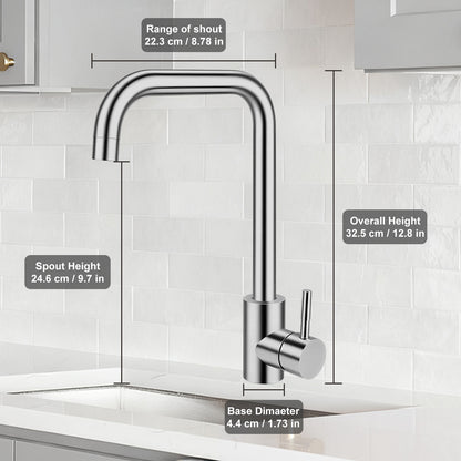 Chrome kitchen faucet with dimensions labeled on a tiled wall background