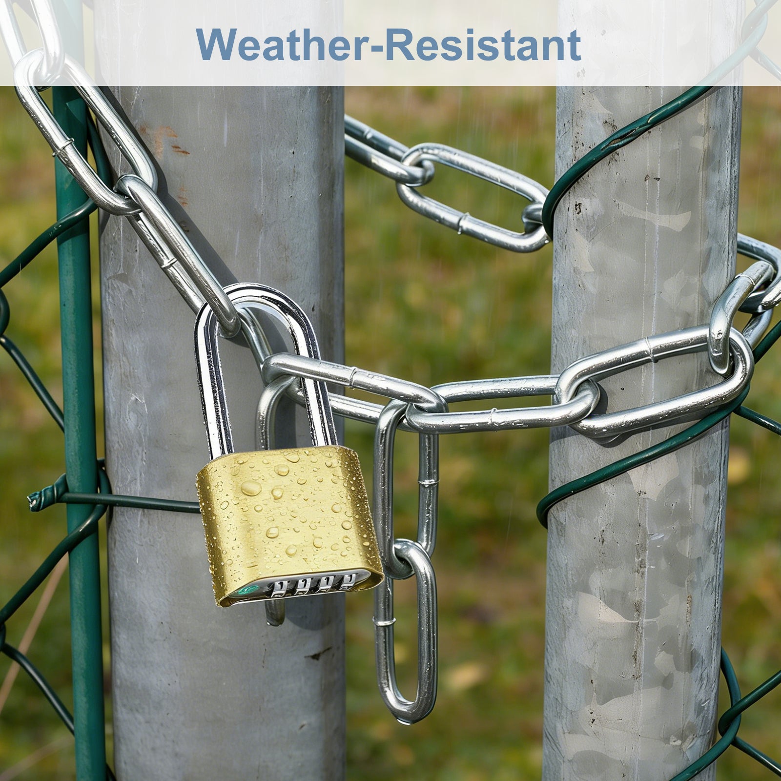 Metal chain with a gold padlock on a fence post, with 'Weather-Resistant' text above.