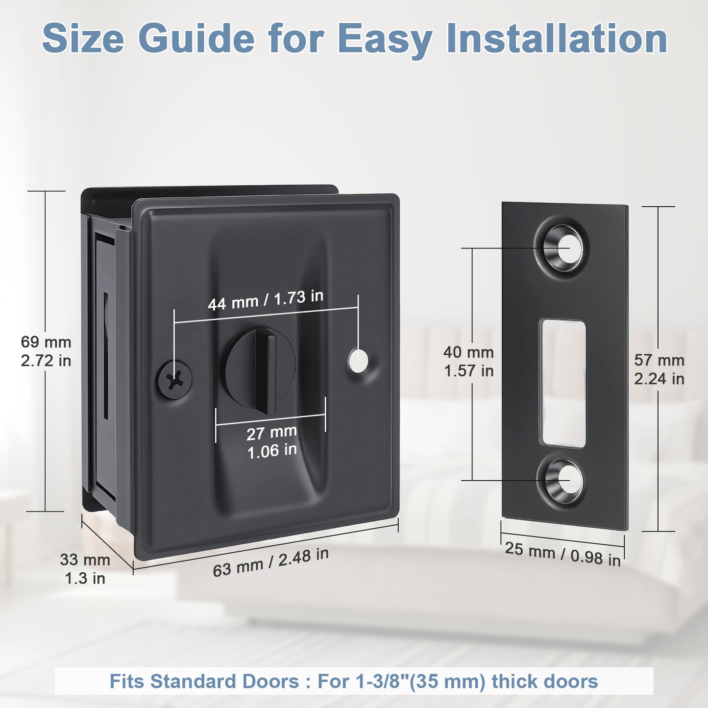 Square-Shaped Slotted Sliding Door Lock, Black Stainless Steel, Privacy Model