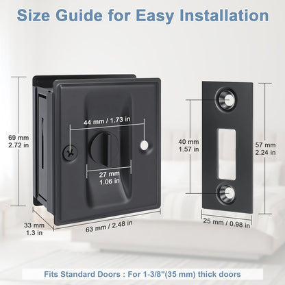 Square-Shaped Slotted Sliding Door Lock, Black Stainless Steel, Privacy Model