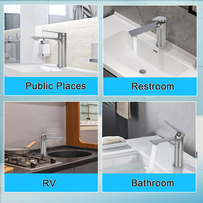 Collage of a faucet in various settings labeled 'Public Places', 'Restroom', 'RV', and 'Bathroom'.