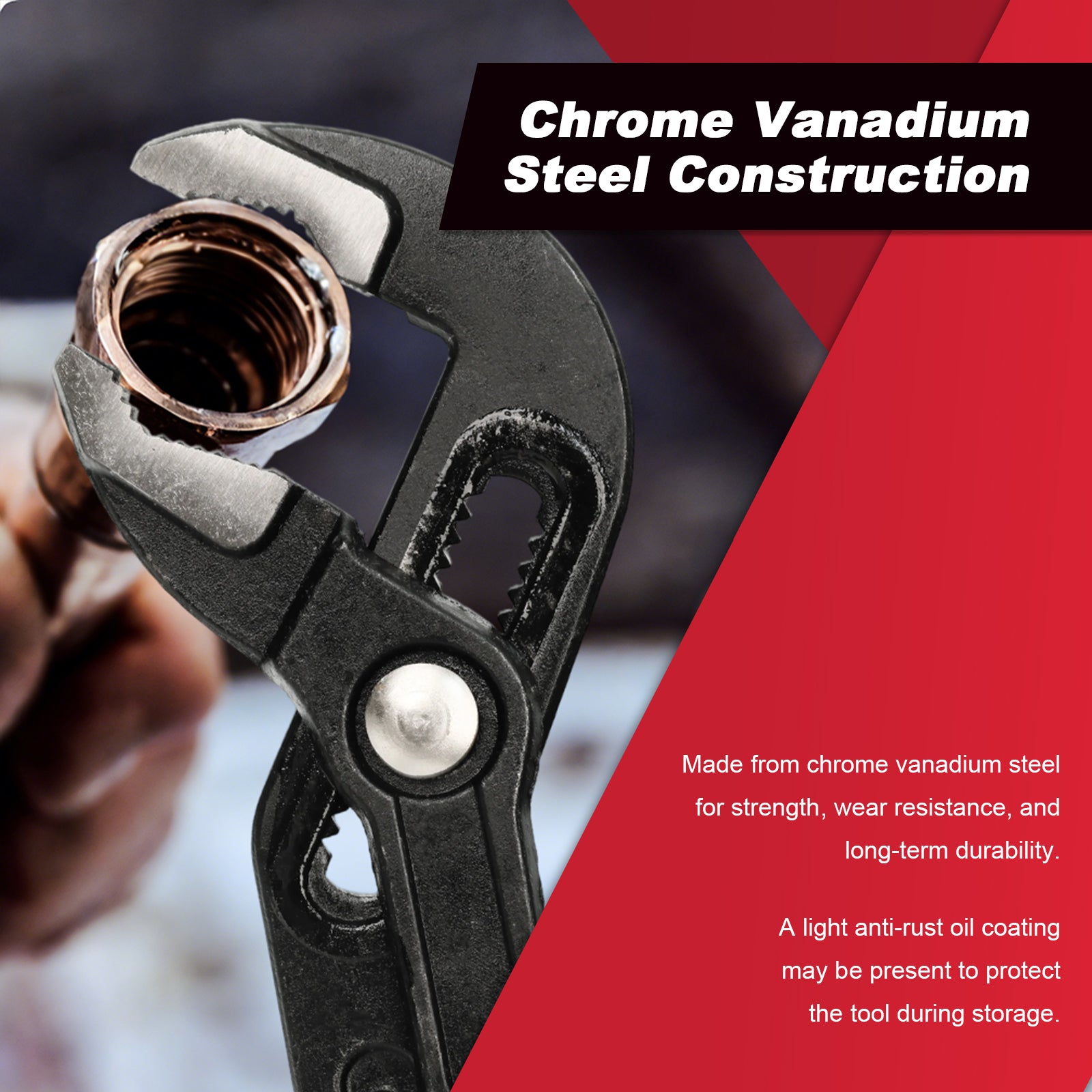Wrench holding a bolt with text about chrome vanadium steel construction on a red and black background
