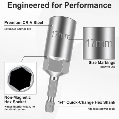 A 17mm quick-change hex socket tool shown on a light gray background with callout text and inset detail boxes. The image highlights premium CR-V steel construction, size markings, a non-magnetic hex socket, and a 1/4-inch quick-change hex shank.