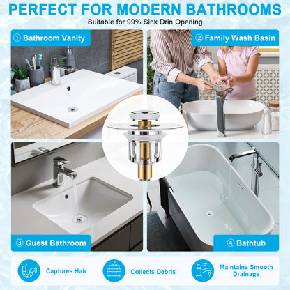 Promotional graphic for a bathroom sink drain stopper, showing the product in the center and four bathroom usage examples labeled Bathroom Vanity, Family Wash Basin, Guest Bathroom, and Bathtub. Text at the top says it is perfect for modern bathrooms and suitable for 99% sink drain opening.
