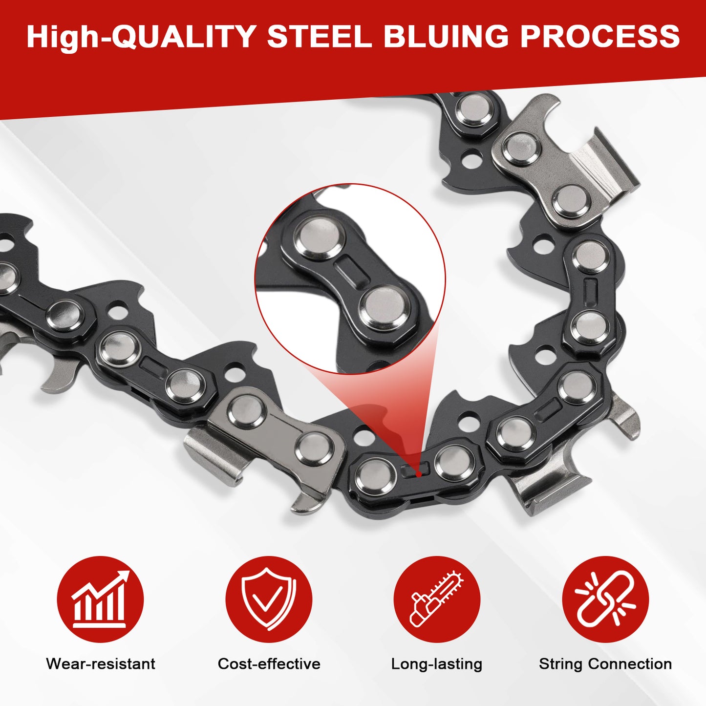 A chainsaw chain with black coated links and silver metal teeth, shown on a white background with a red header reading 'High-QUALITY STEEL BLUING PROCESS' and four red feature icons below.
