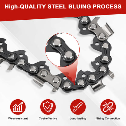 A chainsaw chain with black coated links and silver metal teeth, shown on a white background with a red header reading 'High-QUALITY STEEL BLUING PROCESS' and four red feature icons below.