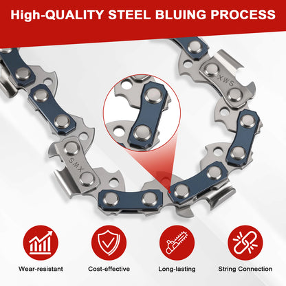 A high-quality steel chainsaw bar and chain shown on a white background with a red header reading 'High-QUALITY STEEL BLUING PROCESS' and four red feature icons below: wear-resistant, cost-effective, long-lasting, and string connection.