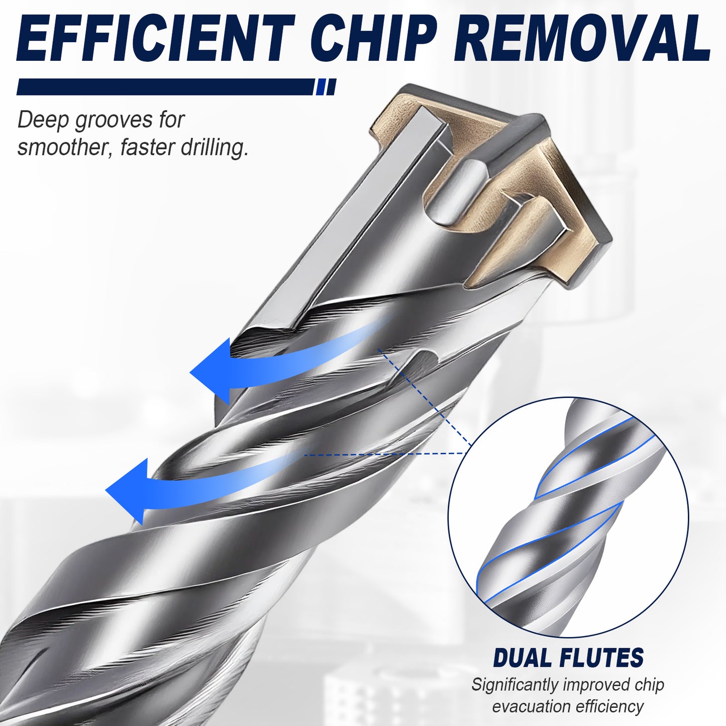 Promotional graphic for a drill bit showing the text 'EFFICIENT CHIP REMOVAL' and 'DUAL FLUTES Significantly improved chip evacuation efficiency.' The image includes a large angled view of a metallic drill bit with blue arrows indicating flow direction and a circular inset close-up of the fluted surface.