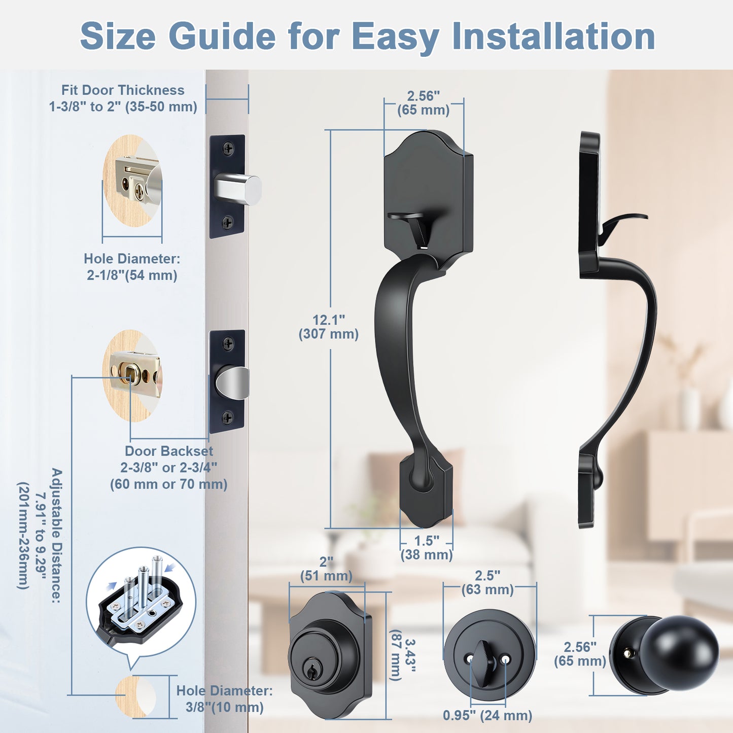 Door handle and lock size guide with measurements and installation details.