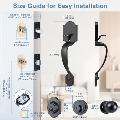 Door handle and lock size guide with measurements and installation details.
