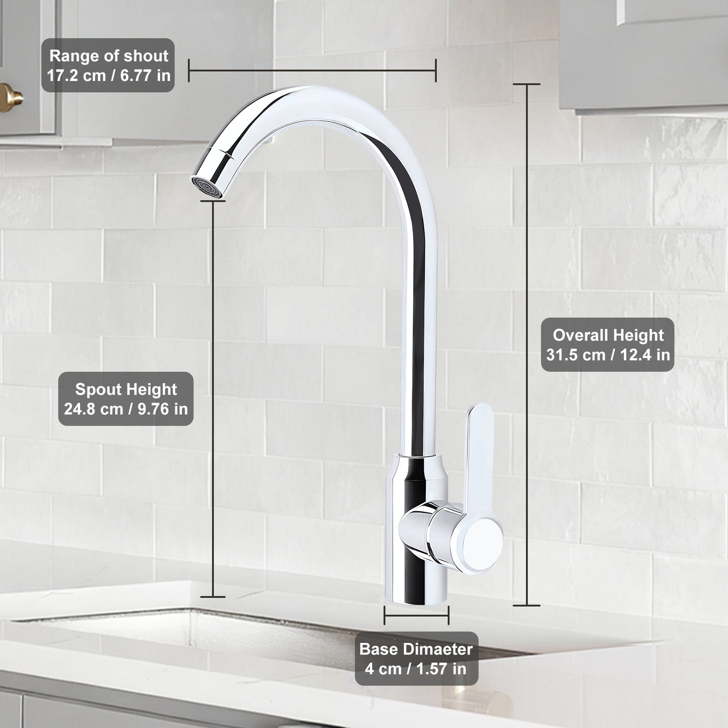 Chrome kitchen faucet with dimensions labeled on a tiled wall background