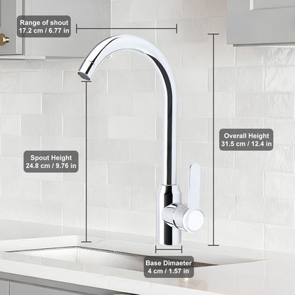 Chrome kitchen faucet with dimensions labeled on a tiled wall background