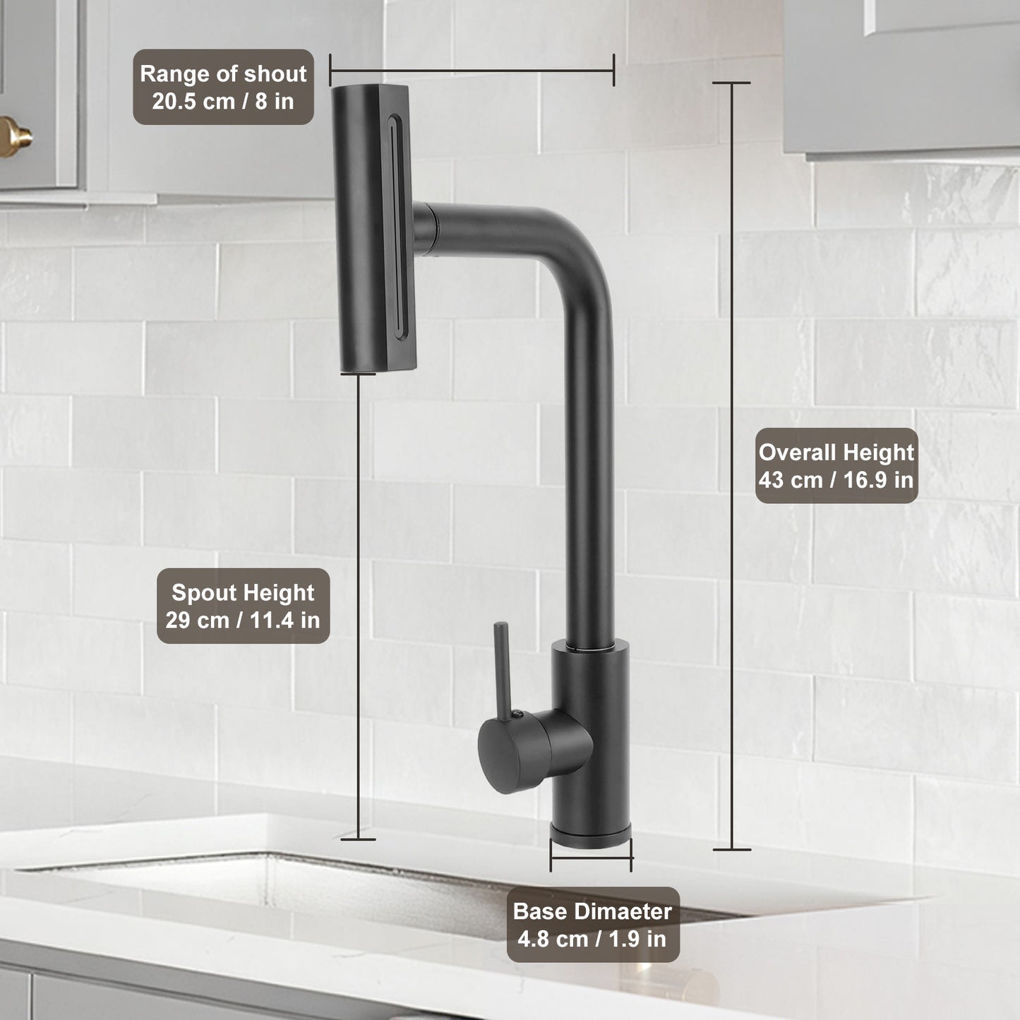 Black kitchen faucet with measurements on a tiled wall background