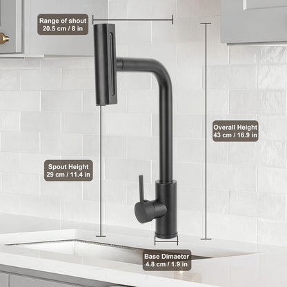 Black kitchen faucet with measurements on a tiled wall background