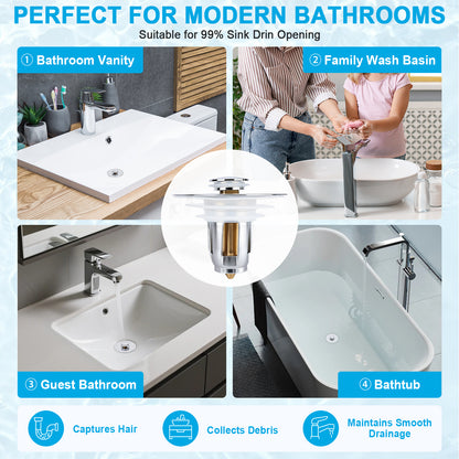Promotional graphic for a bathroom sink drain stopper, showing the product in the center and four bathroom usage examples labeled Bathroom Vanity, Family Wash Basin, Guest Bathroom, and Bathtub. Text at the top says it is perfect for modern bathrooms and suitable for 99% sink drain opening.