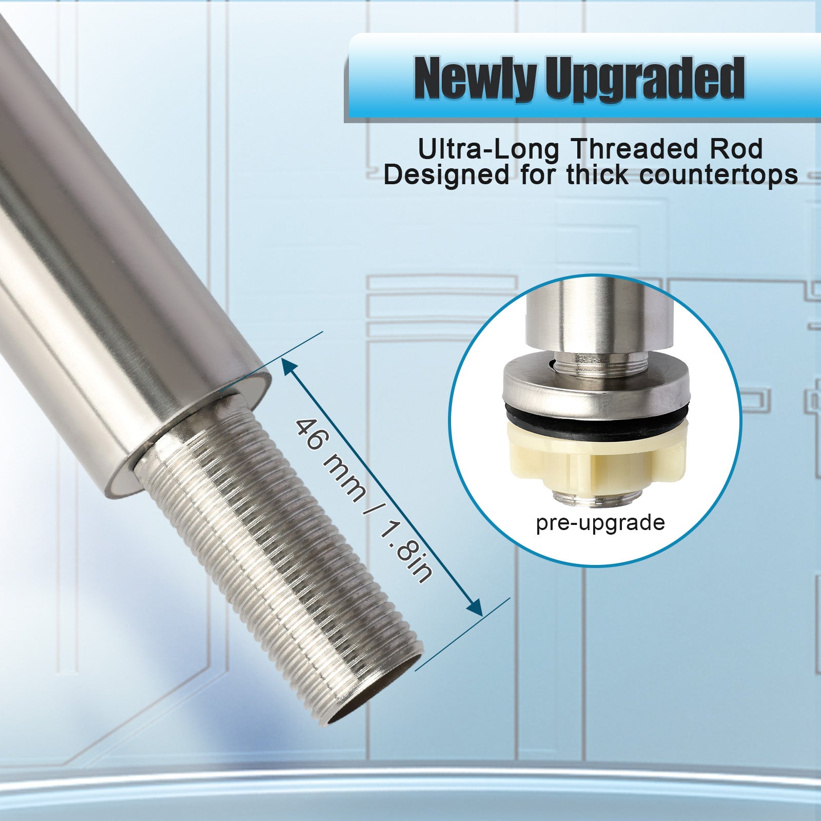 Ultra-long threaded rod with detailed measurement and upgrade information on a light blue background
