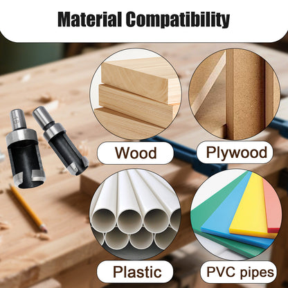 Tool bit with material compatibility illustration showing wood, plywood, plastic, and PVC pipes.