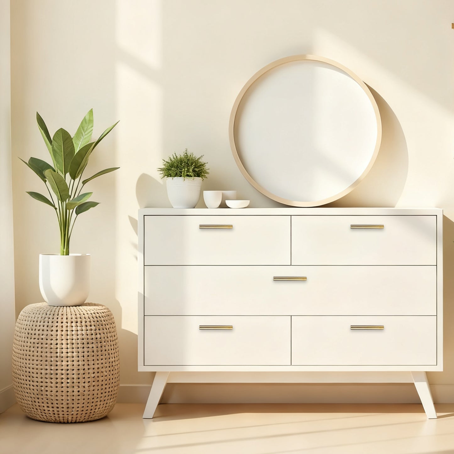 White dresser with gold handles in a room with plants and a round mirror.