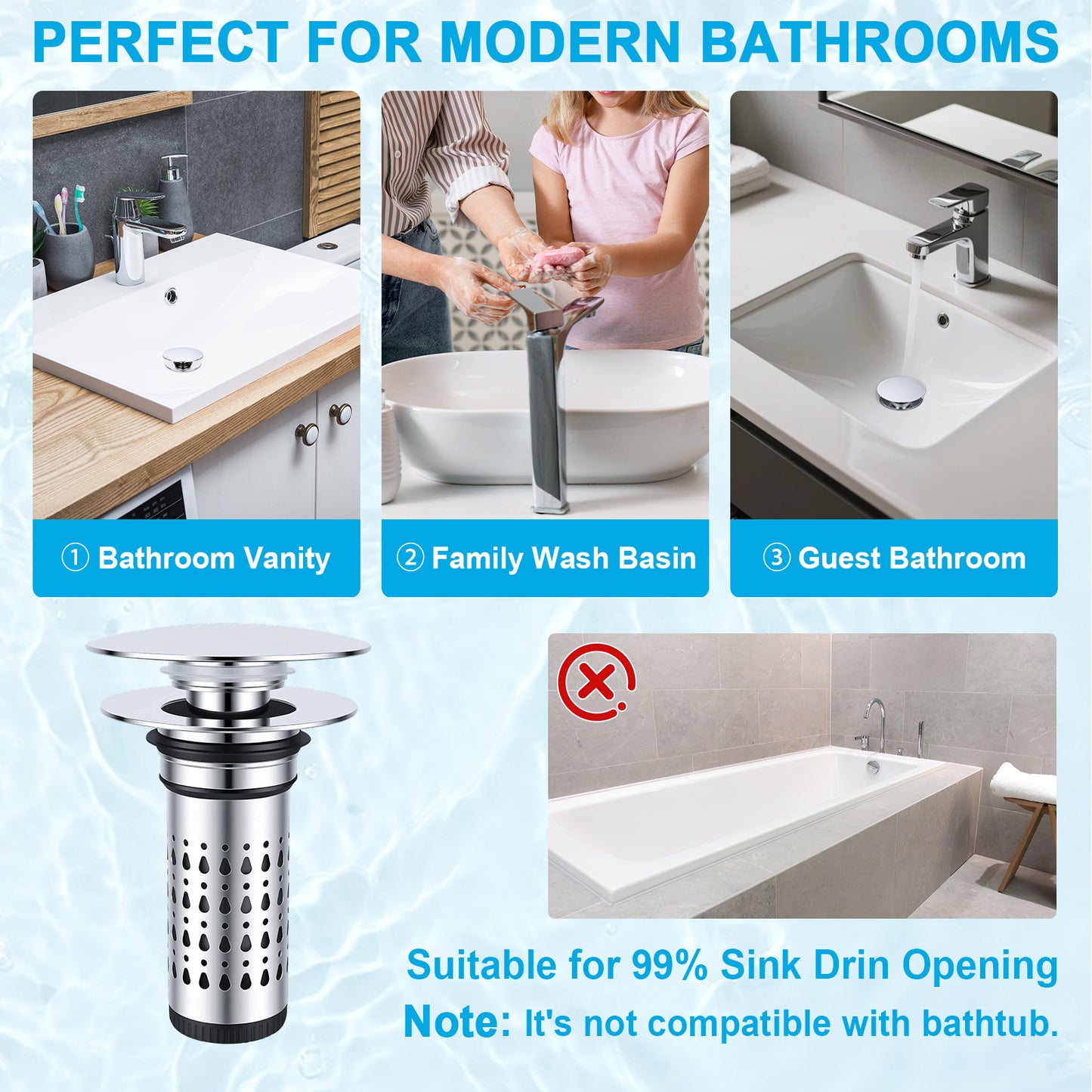 A bathroom sink drain filter product shown on a light blue graphic background with text and four inset bathroom photos. The main product is a cylindrical stainless steel sink drain with a perforated lower section and a strainer basket.