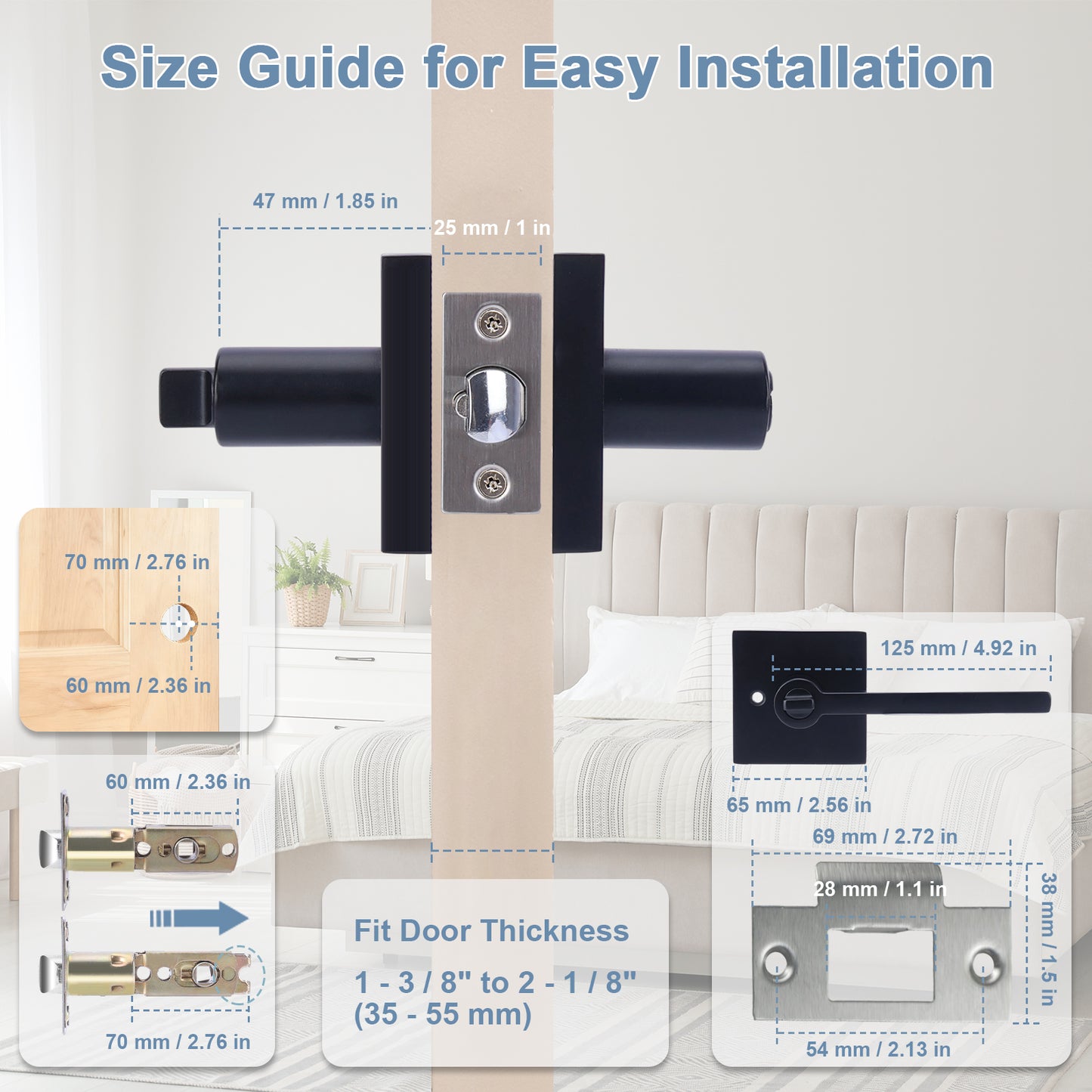 Door handle with installation guide and measurements on a neutral background