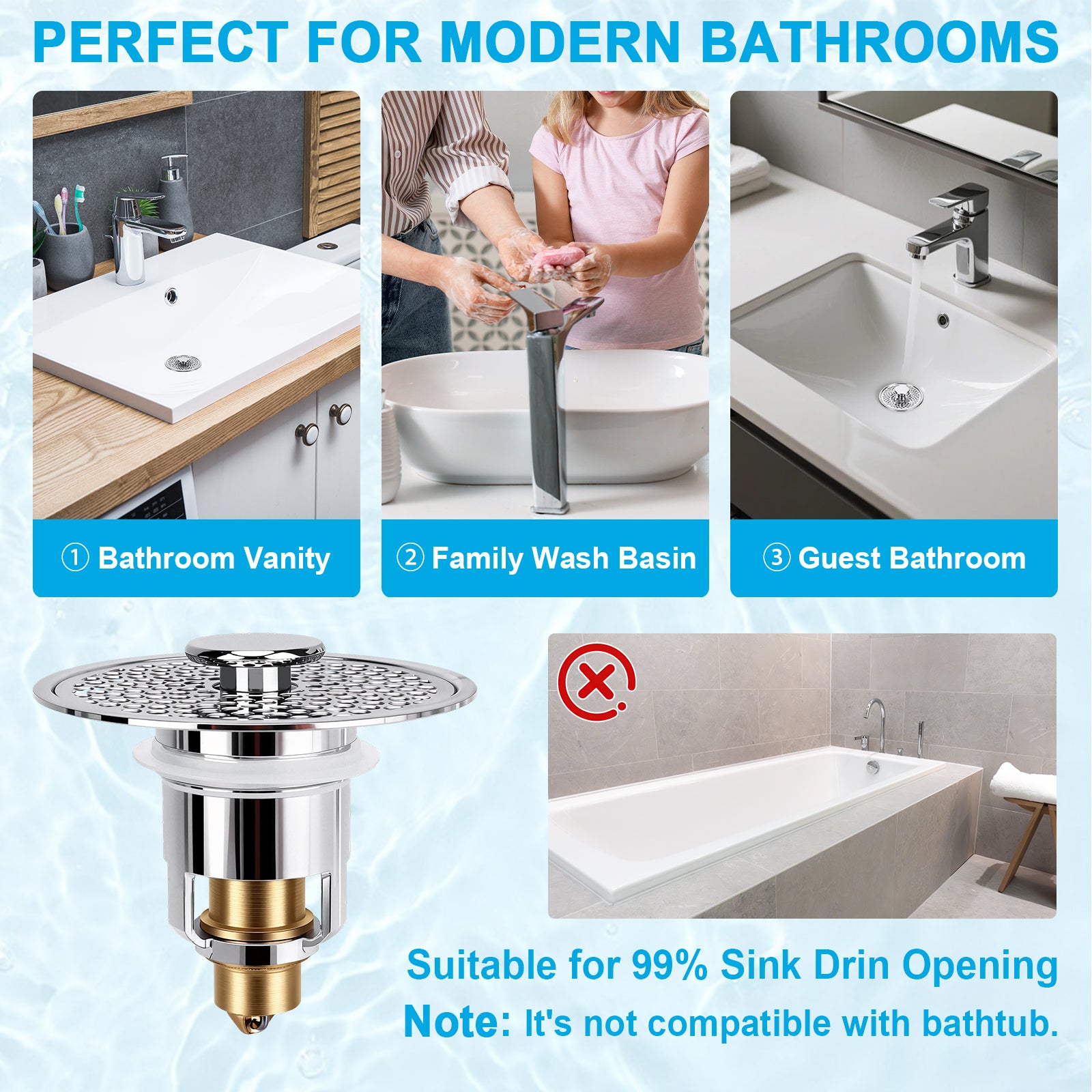 A bathroom drain product shown on a light blue water-themed background, with five inset photos labeled for bathroom vanity, family wash basin, guest bathroom, bathtub compatibility note, and a crossed-out bathtub icon. Text reads 'PERFECT FOR MODERN BATHROOMS' and 'Suitable for 99% Sink Drin Opening Note: It's not compatible with bathtub.