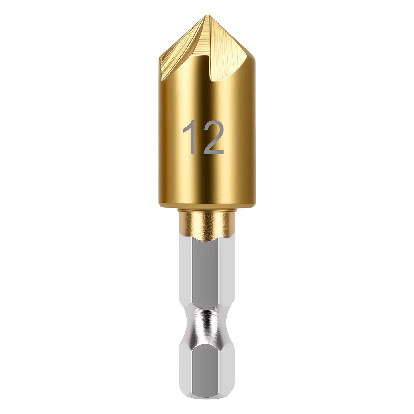 Gold and silver drill bit with the number 12 on a white background