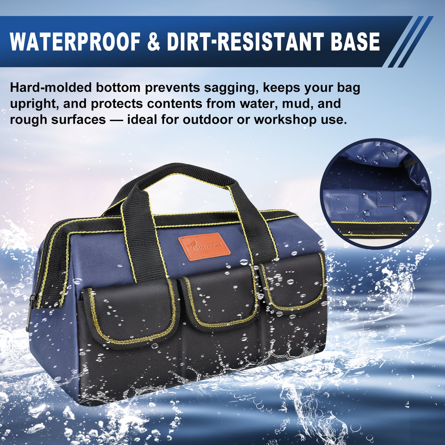 A waterproof and dirt-resistant tool bag with a navy blue and black body, yellow piping, and an orange brand patch, shown over a water splash background with text and a circular inset demonstrating water resistance.