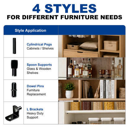 An informational graphic titled '4 STYLES FOR DIFFERENT FURNITURE NEEDS' showing four black hardware components with example cabinet and shelf applications on a white and blue layout.