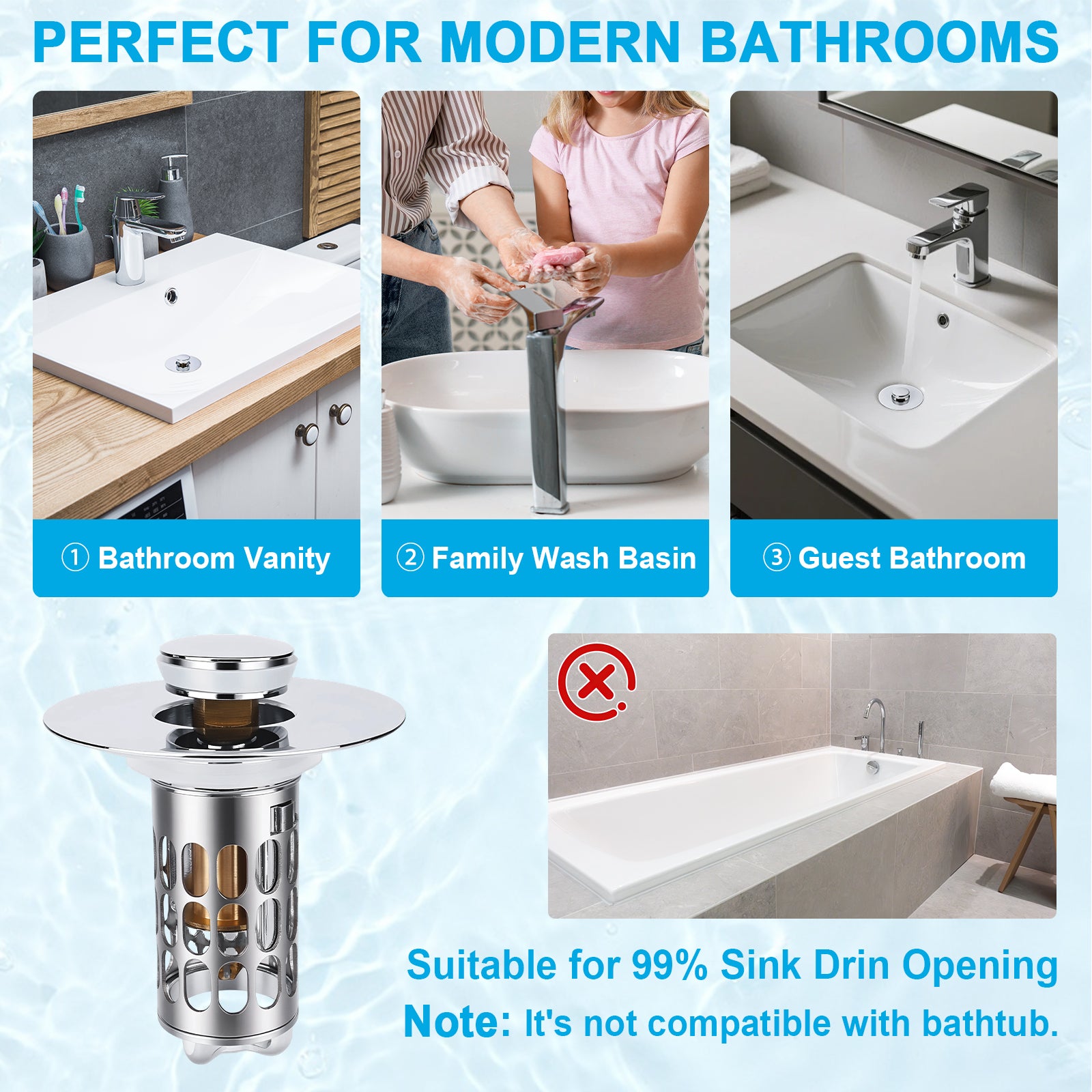 A bathroom drain strainer product shown on a light blue graphic background with three bathroom vanity examples at the top, a close-up of the drain strainer at lower left, and a bathtub photo at lower right. Text reads 'PERFECT FOR MODERN BATHROOMS' and 'Suitable for 99% Sink Drin Opening.