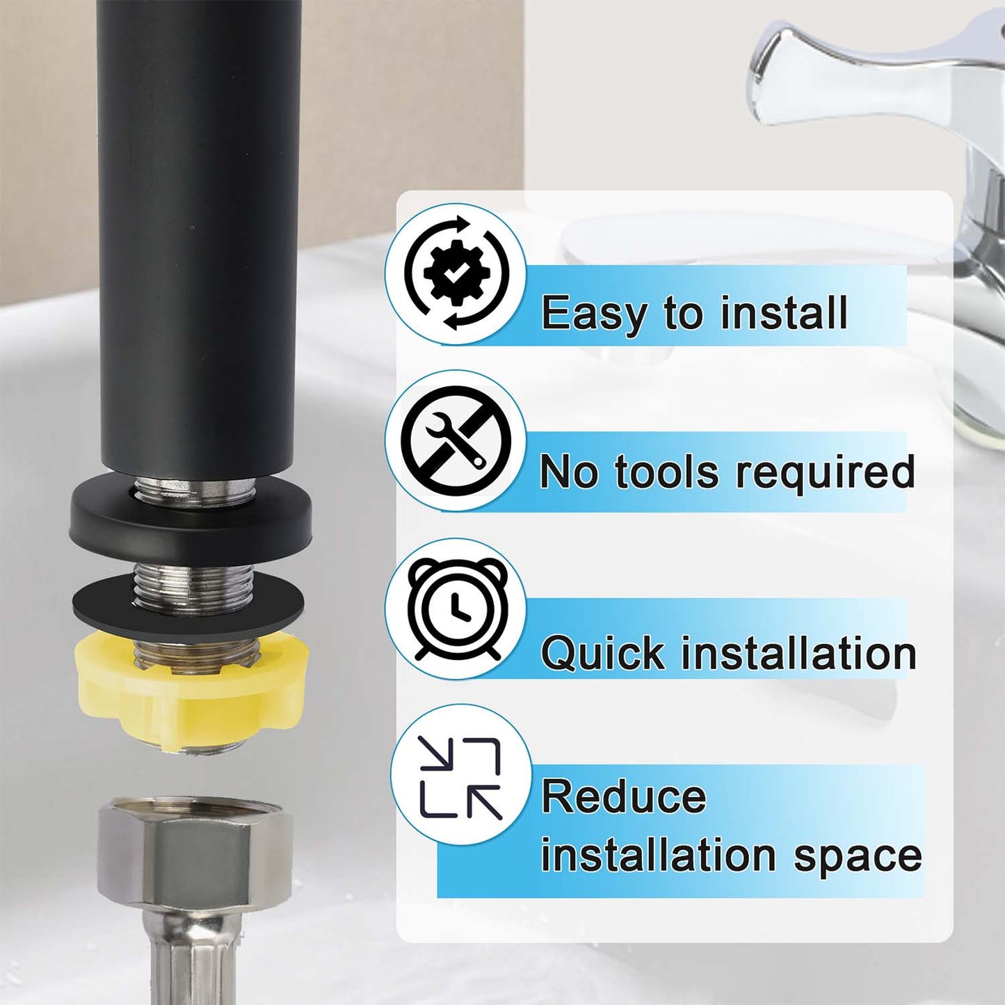 Faucet installation component with features listed on a white background