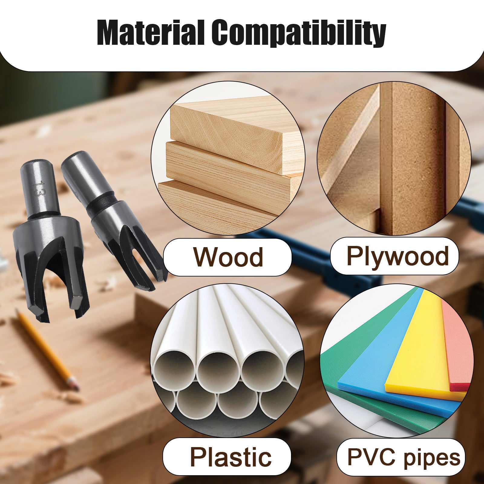 Tool with material compatibility labels for wood, plywood, plastic, and PVC pipes on a wooden background.