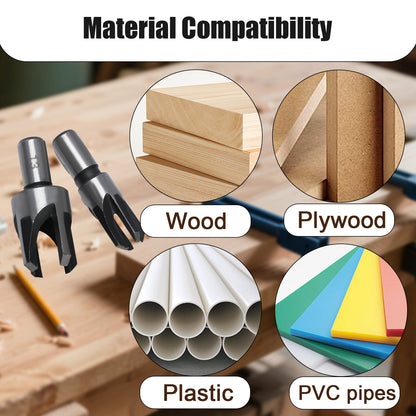 Tool with material compatibility labels for wood, plywood, plastic, and PVC pipes on a wooden background.