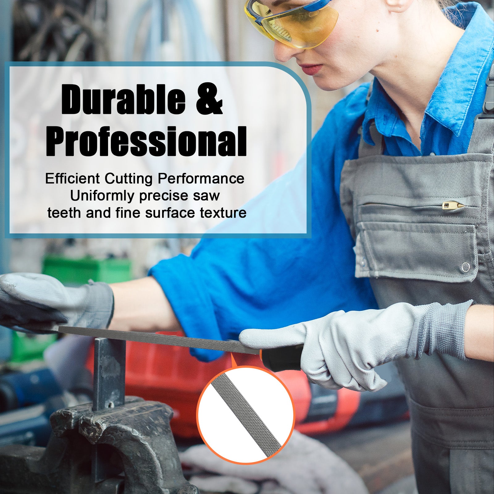 Person sharpening a blade with text about durable and professional cutting performance.