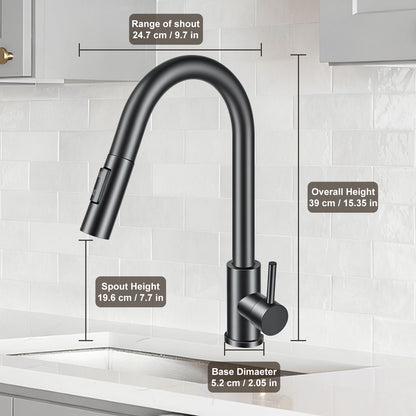 Black kitchen faucet with measurements displayed on a tiled wall background