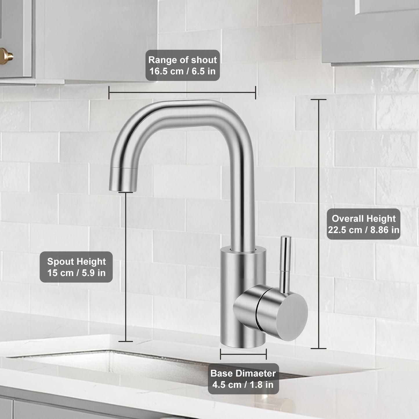 Chrome kitchen faucet with measurements on a tiled wall background